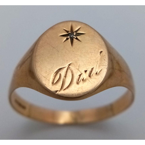 504 - Vintage 9 carat GOLD SIGNET RING. Having ‘DAD’ engraved to top with DIAMOND detail. Full UK Hallmark... 