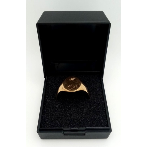 504 - Vintage 9 carat GOLD SIGNET RING. Having ‘DAD’ engraved to top with DIAMOND detail. Full UK Hallmark... 