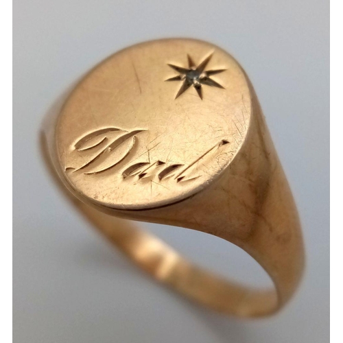 504 - Vintage 9 carat GOLD SIGNET RING. Having ‘DAD’ engraved to top with DIAMOND detail. Full UK Hallmark... 