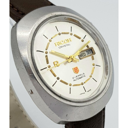 579 - A Vintage Ricoh 21 Jewels Automatic Gents Watch. Brown leather strap. Stainless steel case - 38mm. S... 