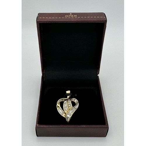 583 - A Charming 9K Yellow Gold Heart Brooch with 1ctw (approx) of Baguette Cut Diamonds. 3.8g total weigh... 