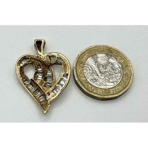 583 - A Charming 9K Yellow Gold Heart Brooch with 1ctw (approx) of Baguette Cut Diamonds. 3.8g total weigh... 