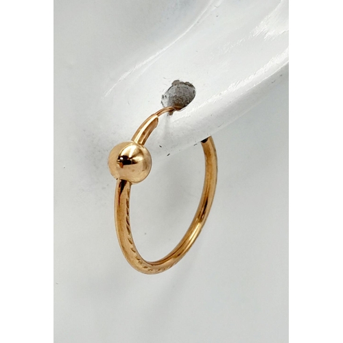 609 - Classic pair of 9 carat GOLD HOOP EARRINGS with sliding GOLD BALL detail. 0.62 grams. 2 cm diameter.... 