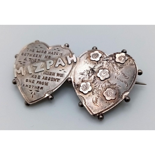 658 - Antique SILVER MIZPAH SWEETHEART BROOCH. Double heart design in exceptional condition. Full hallmark... 