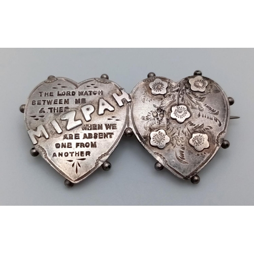 658 - Antique SILVER MIZPAH SWEETHEART BROOCH. Double heart design in exceptional condition. Full hallmark... 