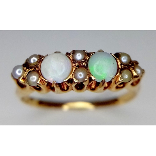 670 - A 14K YELLOW GOLD VINTAGE OPAL & PEARL RING. 2.8G IN WEIGHT. SIZE M. Ref: SC 5057.