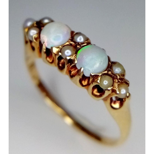 670 - A 14K YELLOW GOLD VINTAGE OPAL & PEARL RING. 2.8G IN WEIGHT. SIZE M. Ref: SC 5057.