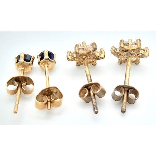 435 - 9K Yellow Gold - 2 Pairs of Stone Set Studs. 0.8g total weight. JM21