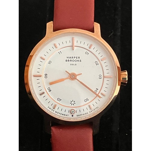 672 - Ladies HARPER BROOKS of OSLO QUARTZ WRISTWATCH. Deep red leather strap. complete with original case ... 