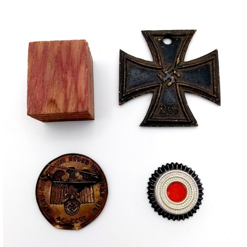 346 - A Parcel of Four 1930/40’s German Medals, Badges and Wooden Seal. Comprising; 1) Iron Cross 1813/193... 