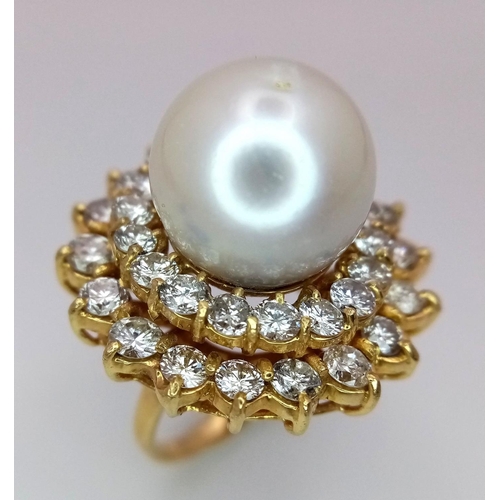 12 - A stunning 18 K yellow gold ring with a large perfectly spherical white natural pearl, 14 mm in diam... 