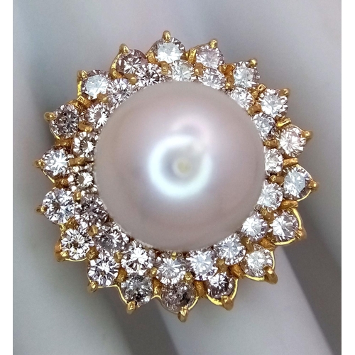 12 - A stunning 18 K yellow gold ring with a large perfectly spherical white natural pearl, 14 mm in diam... 