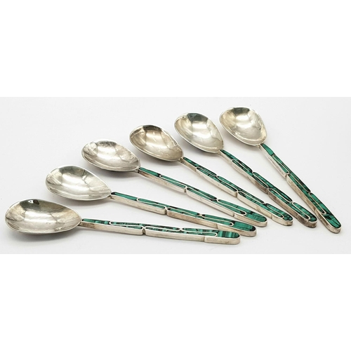 196 - Vintage set of 6 x SOLID SILVER TEASPOONS with polished MALACHITE handles. Originally purchased from... 