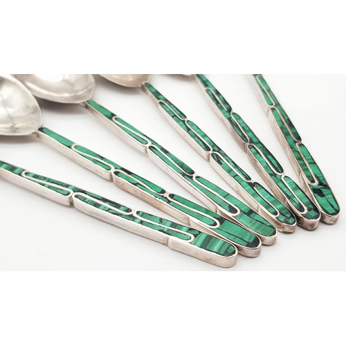 196 - Vintage set of 6 x SOLID SILVER TEASPOONS with polished MALACHITE handles. Originally purchased from... 