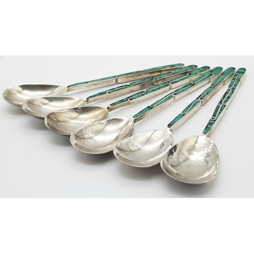 196 - Vintage set of 6 x SOLID SILVER TEASPOONS with polished MALACHITE handles. Originally purchased from... 