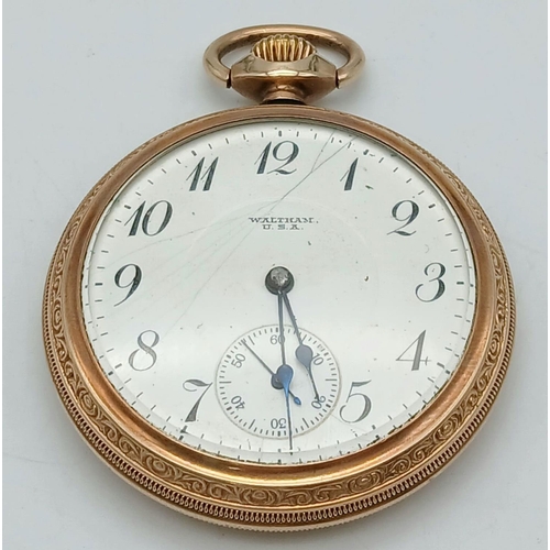 586 - An Antique Gold Plated (filled) Waltham 17 Jewel Pocket Watch. Top winder. 52mm diameter. White dial... 