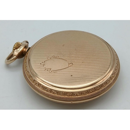 586 - An Antique Gold Plated (filled) Waltham 17 Jewel Pocket Watch. Top winder. 52mm diameter. White dial... 