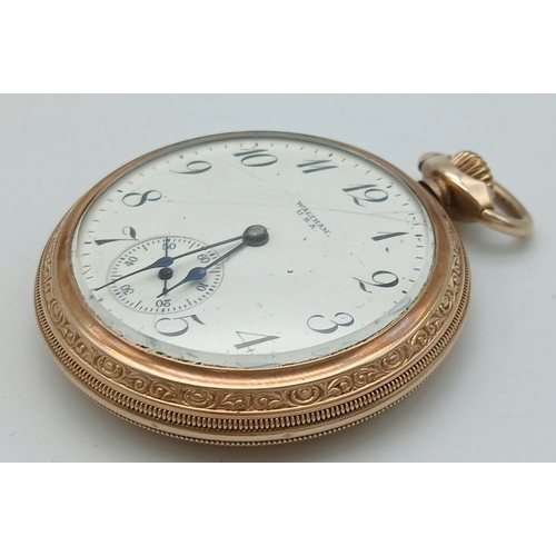 586 - An Antique Gold Plated (filled) Waltham 17 Jewel Pocket Watch. Top winder. 52mm diameter. White dial... 