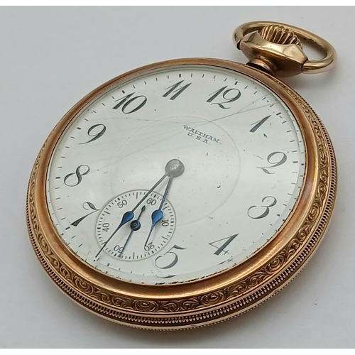 586 - An Antique Gold Plated (filled) Waltham 17 Jewel Pocket Watch. Top winder. 52mm diameter. White dial... 