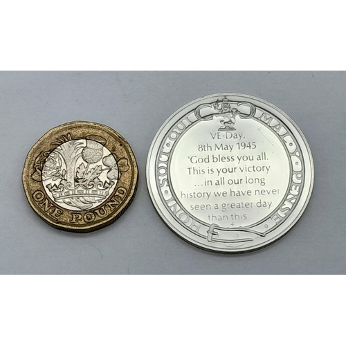 627 - A Scarce Sterling Silver Winston Churchill Medallion Commemorating VE Day 8th May 1945. Detailed wit... 