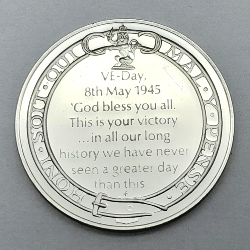 627 - A Scarce Sterling Silver Winston Churchill Medallion Commemorating VE Day 8th May 1945. Detailed wit... 