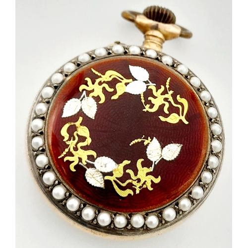 628 - An Antique Miniature Pocket Watch with Intricate Seed Pearl Enamel and Gilded decoration. 26mm diame... 