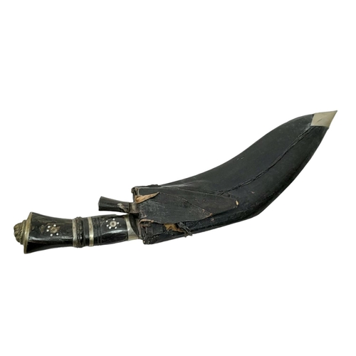 712 - A Good Condition Mid 20th Century Kukri with Sheath and Skinning Knife. 44cm Length, Brass Lion Head... 