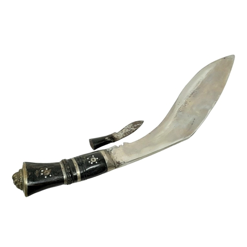 712 - A Good Condition Mid 20th Century Kukri with Sheath and Skinning Knife. 44cm Length, Brass Lion Head... 