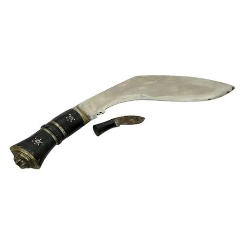 712 - A Good Condition Mid 20th Century Kukri with Sheath and Skinning Knife. 44cm Length, Brass Lion Head... 