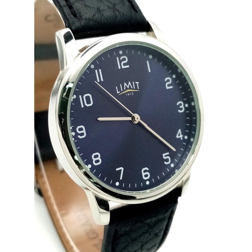 932 - A Men’s Blue Dial Quartz Watch by Limit. 40mm Including Crown. Full Working Order. On a Black Camel ... 