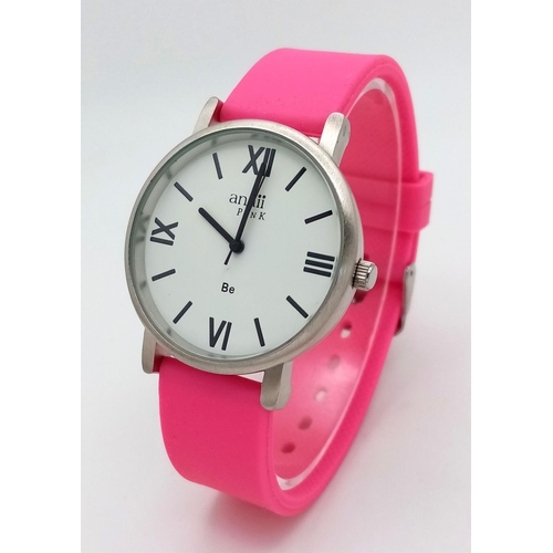 971 - An Unworn Sports Fashion Quartz Watch by Annii Pink Model AP630 Be. 37mm Case. New Battery Fitted Ju... 