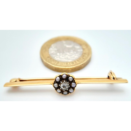 1050 - A 14K YELLOW GOLD VINTAGE OLD CUT DIAMOND & PEARL BAR BROOCH. 0.10CT. 2.7G IN WEIGHT. APPROX 4CM IN ... 