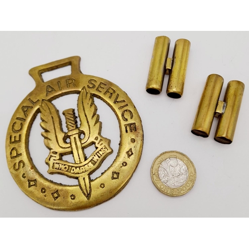 1070 - A Parcel of Three Vintage Interesting Military Brass Items Comprising 1) A Special Air Service Horse... 