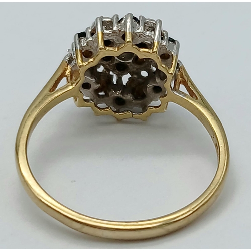 1092 - A 9K YELLOW GOLD DIAMOND & SAPPHIRE CLUSTER RING. 2.3G IN WEIGHT. SIZE N. Ref: 6275.