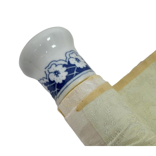 590 - A Beautiful Chinese Decorative Panda Textile Scroll with Blue and White Ceramic Ends. Image is 40 x ... 