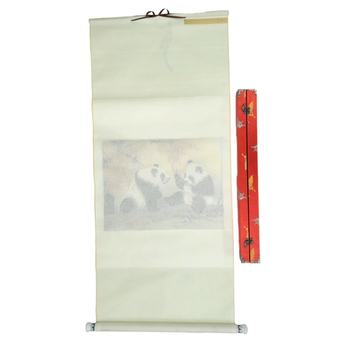 590 - A Beautiful Chinese Decorative Panda Textile Scroll with Blue and White Ceramic Ends. Image is 40 x ... 