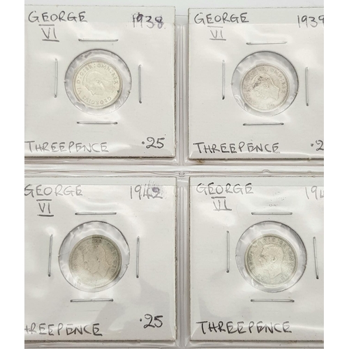 630 - Selection of GEORGE V & GEORGE VI , SILVER THREE PENCE PIECES. To include a consecutive run from 193... 