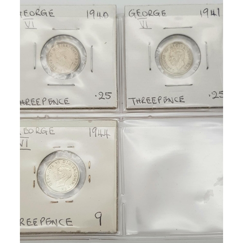 630 - Selection of GEORGE V & GEORGE VI , SILVER THREE PENCE PIECES. To include a consecutive run from 193... 