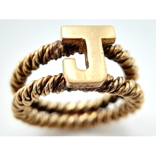 1113 - A 9K YELLOW GOLD BEADED EDGE INITIAL J RING. 5.45G IN WEIGHT. SIZE I AND 1/2. Ref: SC 5062.