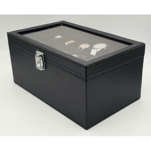 655 - A Black Leatherette 20 Watch Display Box with 10 Vintage and Later Men’s and Ladies Wristwatches. Al... 