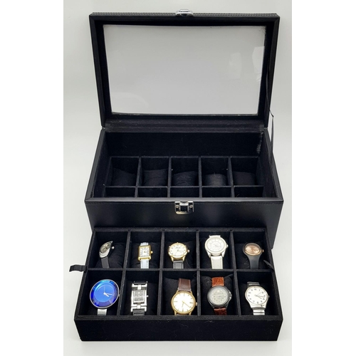 655 - A Black Leatherette 20 Watch Display Box with 10 Vintage and Later Men’s and Ladies Wristwatches. Al... 