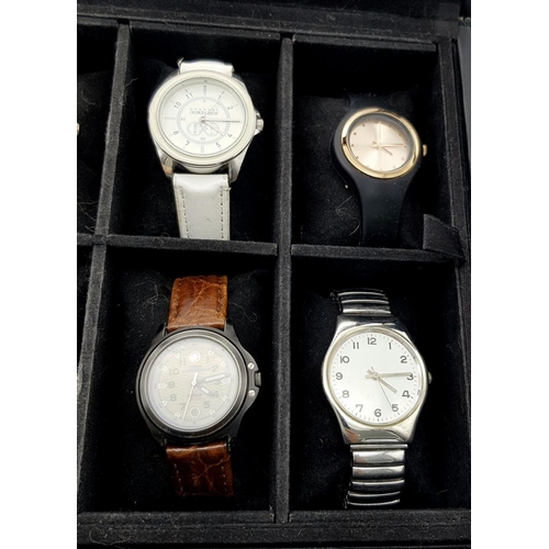 655 - A Black Leatherette 20 Watch Display Box with 10 Vintage and Later Men’s and Ladies Wristwatches. Al... 