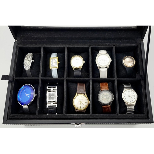 655 - A Black Leatherette 20 Watch Display Box with 10 Vintage and Later Men’s and Ladies Wristwatches. Al... 