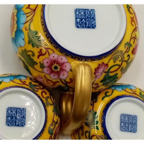 816 - A Glorious Chinese Baocilin Yellow Glaze, Patterned Ceramic Tea Set. Gilded touches, markings on bas... 