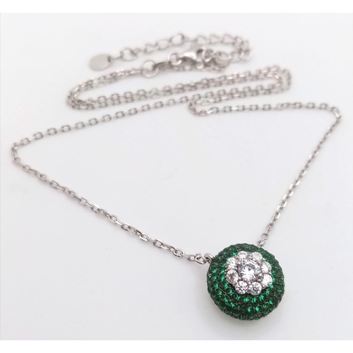 981 - A 925 Silver, Green and White Stone Pendant on a 925 Silver Disappearing Necklace.