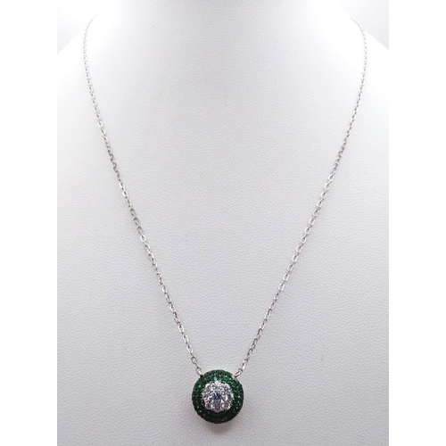 981 - A 925 Silver, Green and White Stone Pendant on a 925 Silver Disappearing Necklace.