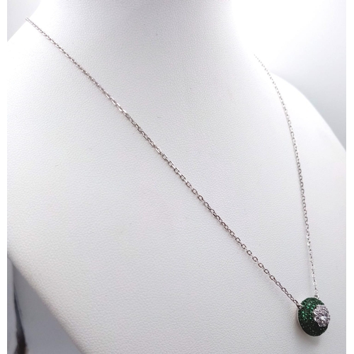 981 - A 925 Silver, Green and White Stone Pendant on a 925 Silver Disappearing Necklace.