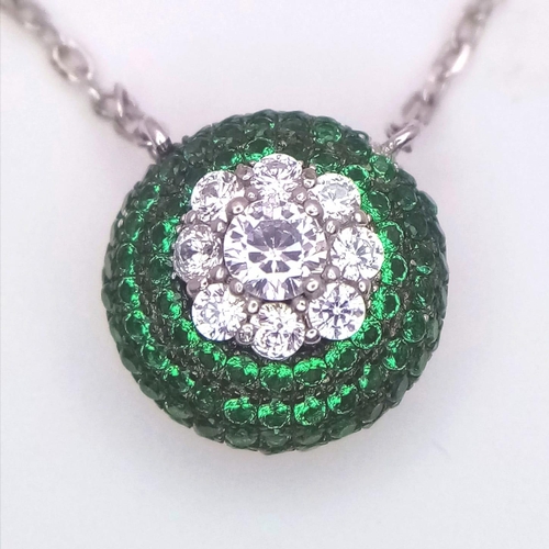 981 - A 925 Silver, Green and White Stone Pendant on a 925 Silver Disappearing Necklace.