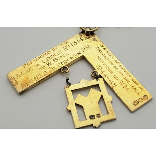 1046 - A Rare WW2 1945 Original Masonic Silver Gilt Jewel with Ribbon. London. Hallmarked. 11.5cm Length. 3... 