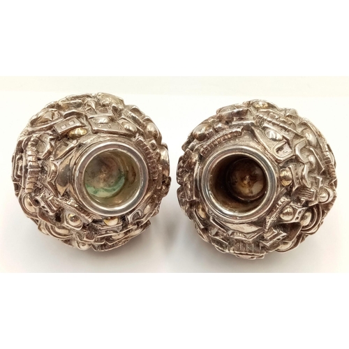 1074 - A Pair of Two Vintage 925 Silver Jerusalem Cityscape Candlestick Holders. Weighted. 6.5cm tall.